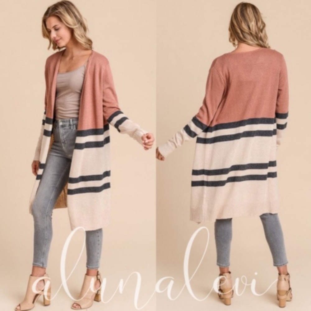 Color block cashmere blend long cardigan -RUST - Picture 3 of 5